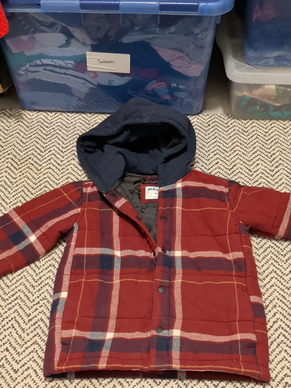 Old Navy Red Plaid Hooded Kids Jacket with Navy Hood